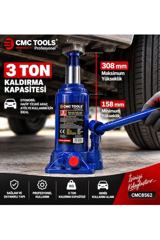Cmc Tools Cmc8562 3 Ton Hidrolik Şişe Kriko 158-308 Mm 2 Parçalı Kollu
