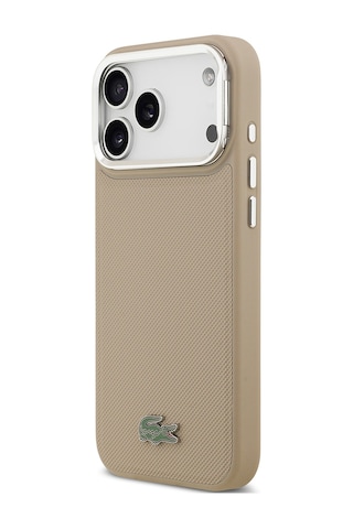 Apple Uyumlu iPhone 17 Pro Max Kılıf Lacoste Lisanslı M-safeli Pu Pike Desenli Standlı Metal Logolu Kapak Bej Bej
