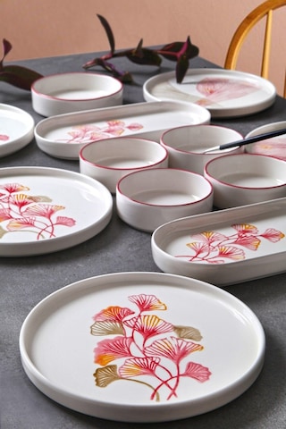 Kitchen Life 14 Parça 6 Kişilik Ginkgo Stackable Kahvaltı Takımı - Kahvaltılık Ekru Pembe Fuşya