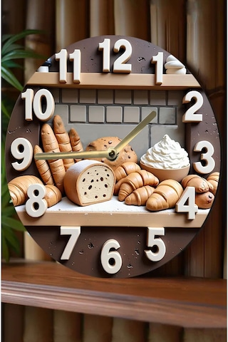 Fırın Temalı Çift Katmanlı Mdf Duvar Saati 33 Cm Ekmek Ve Kruvasan Desenli Saat Sdw355 Renkli