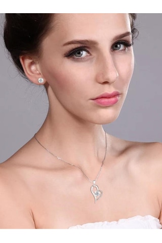 Brezza Lusso Jewelry 925 Ayar Gümüş Zirkon Taşlı Kalp Kadın Kolye Küpe Seti