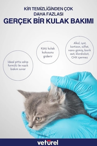 Veturel Köpek Kulak Temizleme Solüsyon Kir Enfeksiyon Kaşıntı Koku Kulak Uyuzu 100 ML + Disk Pamuk 50'li