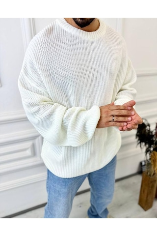 Kazak Oversize Çift Kat Örme Naturel Pamuk Bol Kesim Tüylenmeyen Salaş Triko Kazak Beyaz