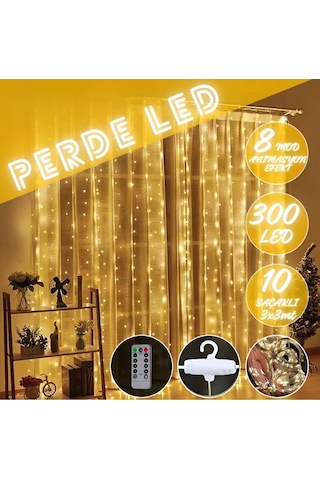 Perde Led 3x3 Kumandalı 8 Fonksiyonlu 300 Led 10 Sarkıtlı Yılbaşı Çam Ağacı Süsleme Usb Gece Lambası