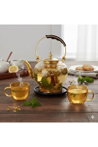 Morponi Ahşap Saplı Isıya Dayanıklı Borosilikat Amber Cam Demlik 1200 Ml Süzgeçli Cam Demlik Oval Amber