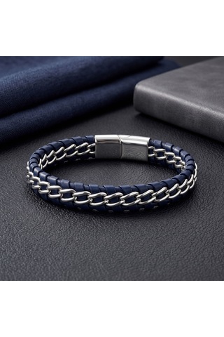 Premium Parlak Ve Şık Lacivert Çift Zincir 316l Çelik Ve Deri Bileklik 31834b2d6-21 Cm