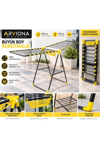 Arvıona 190 Cm Kanatlı Çamaşır Kurutmalığı Mandal Sepetli Metal Sarı - Siyah