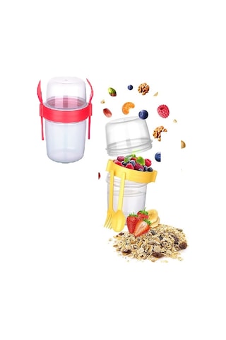 Çift Hazneli - Çatal Kaşıklı Portatif Müsli -atıştırmalık Kabı 50