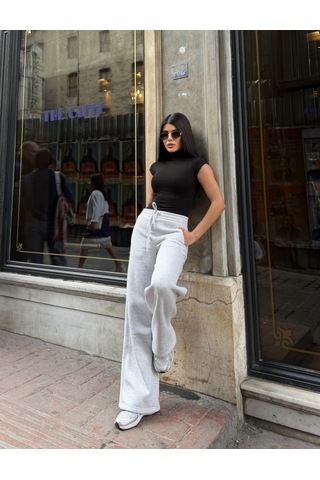 Out Of Standart Kadın Wide-leg Kalıp Beli Lastikli Kordon Detaylı Eşofman Altı Kar Melanj