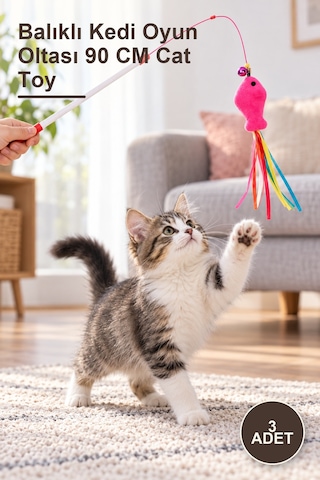 3 Adet Balıklı Kedi Oyun Oltası 90 Cm Cat Toy