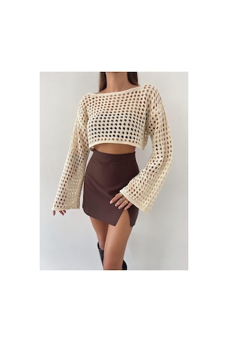 Munora Butik Uzun Kollu Taş Triko Crop Bluz Taş Taş