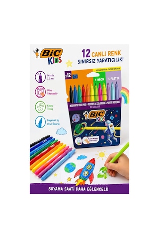 Keçeli Kalem 12 Renk 1 Paket Bic Couleur 12 Li Keçeli Kalem Canlı Renkler Pastel Ve Neon Renkler Yıkanabilir Kaliteli