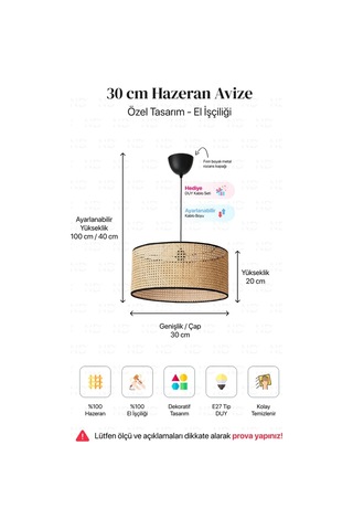 Hazeran Avize 30cm- Iskandinav, Modern, Bohem, Rattan Avize, Aydı Bambu