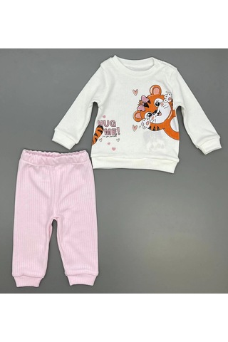 Poppy Trend Kız Bebek Kedi Baskılı Çıt Çıtlı Alt Üst İkili Gündelik Takım Pembe