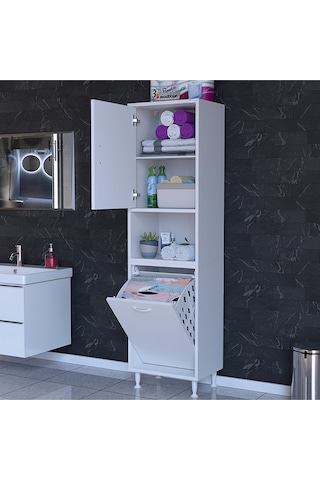 Mutfak Dolabı Kirli Çamaşır Dolabı Düşer Kapaklı Sepetli Banyo Dolabı 45x160x32 Cm Beyaz