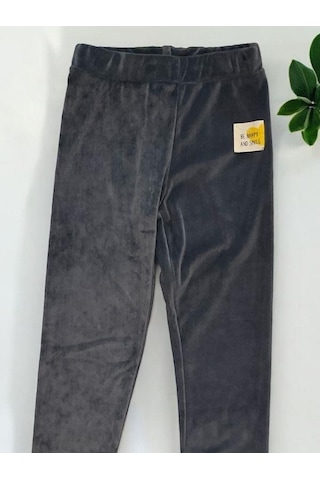 Zekids Kız Çocuk Bel Lastikli Parlak Kadife Tayt Pantolon-14343 Füme