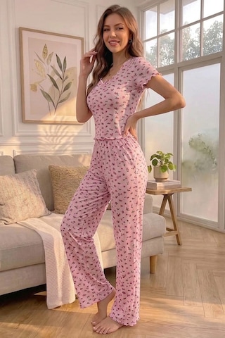 Bella Notte Fiyonk Detaylı Fırfırlı Kısa Kollu Yazlık Pijama Takımı Pembe