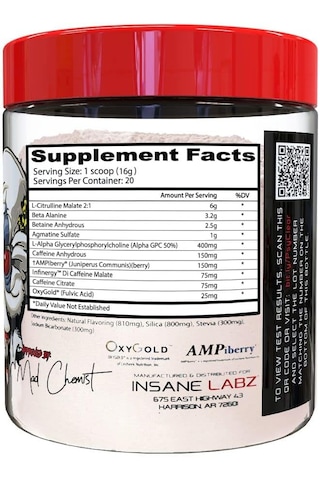Insane Labz Psychotic Clear Fully Disclosed Clinically Dosed Preworkout Powder Extreme Lasting Energy Focus Karışık