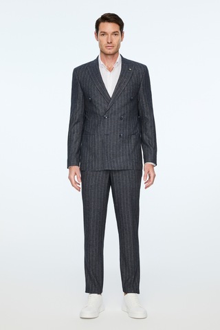 Morven Erkek Lacivert Keten Trend Çizgili Slim Fit Sivri Yaka Kruvaze Takım Elbise 26ys001004200 Lacivert