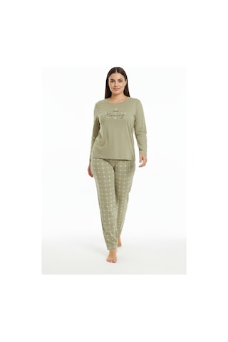 Bravie Üstü Yazılı Altı Kare Desenli Elite Viscose Uzun Büyük Beden Pijama Takımı Beyaz 3594 Haki