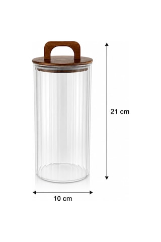 Aria- 3'lü Borosilikat Bambu Kapaklı Kavanoz 1300 Ml Çizgili Kahverengi