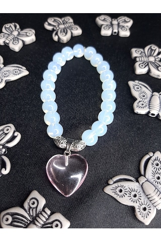 El Yapımı Opal Görünümlü Boncuklu Bileklik Pembe Kalp Charm Det
