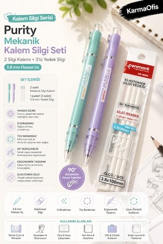 Pastel Mor Ve Yeşil Purity Mekanik Kalem Silgi Seti 3.8 Mm 2 Adet Silgi Kalemi + 3 Lü Silgi Yedeği
