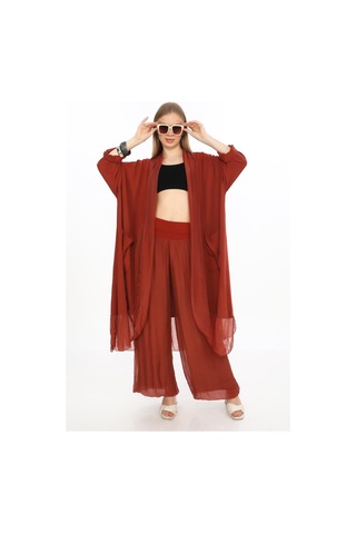 Bohem Stil Itayan Ipek Detaylı Oversize Kaftan- Pantolon Takım-9214 Bordo