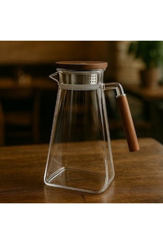 1800 Ml Borosilikat Cam Sürahi Isıya Dayanıklı, Akasya Ahşap Kapak Ve Saplı, Paslanmaz Çelik Filtreli, Şık