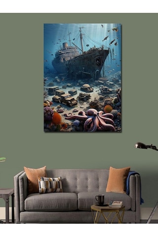 Kanvas Tablo Batık Gemi Ve Deniz Canlıları 70cmx100cm