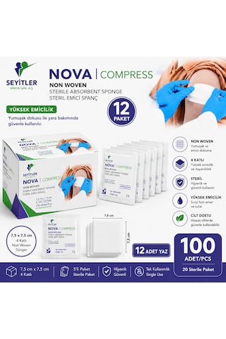 Nova Steril Kompres 7,5cm 7,5cm 4 Katlı 5'li 12 Paket