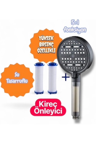 2 Adet Yedek Filtreli Su Tasarruflu Kireç Önlryici Özellikli Duş Başlığı Turbo Basınç Özellikli Siyah
