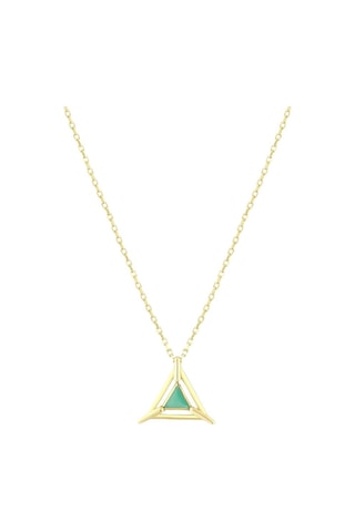 14 Ayar Yeşil Mineli Üçgen Tasarım Altın Kolye Altın