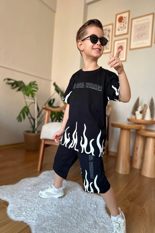 Yeni Sezon Alev Desenli Siyah Renk Erkek Çocuk Şortlu Takım Siyah