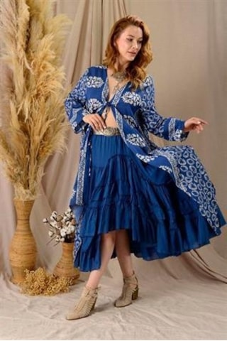 Özel Tasarım Ham Keten Otantik Astarlı Carmen Etek-9895 Petrol Mavisi