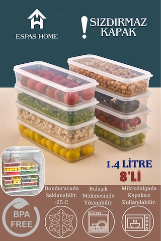 8'li Sızdırmaz Freshbox Saklama Kabı Mikrodalga Ve Buzdolabı Uyumlu / 1400 Ml - Şeffaf Şeffaf