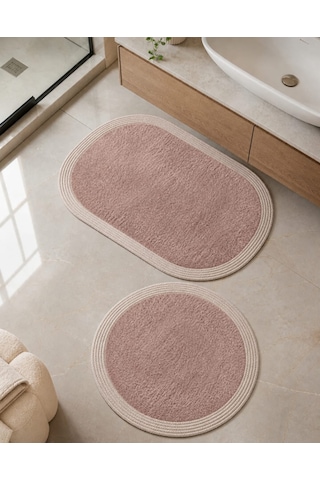 Kaymaz Taban Peluş Banyo Paspası Seti Pudra Rengi Jüt Kenar Detaylı 2'li Oval Yuvarlak 100x60 60x60