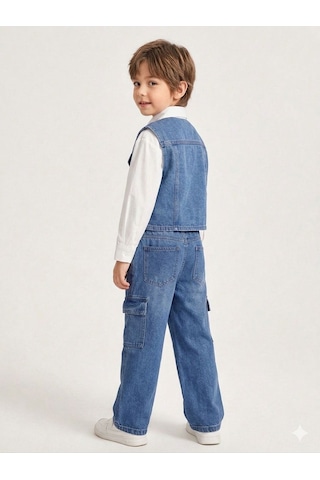 Baby Lory Kids Store Erkek Çocuk Gömlekli Yelekli 3lü Kot Takım Açık Lacivert