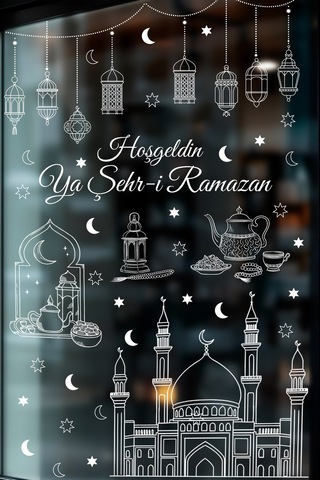 Ramazan Cam Sticker Seti Hoşgeldin Ya Şehr-i Ramazan Yazılı, Çift Taraflı Şeffaf Pencere Süsü Dijital Baskı