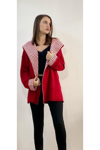Mois Atelier Kazayağı Detaylı Kırmızı Triko Hırka, Tasarım, Hediye, Büyük Beden, Tesettür Kırmızı