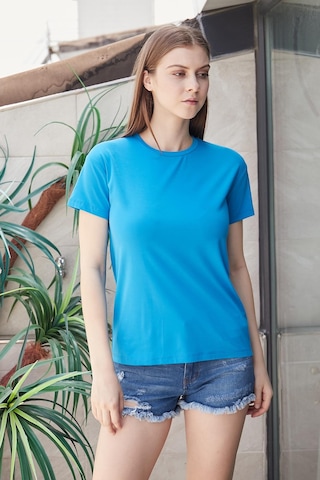 Jument Kadın Sıfır Yaka Kırışmaz Span Karışımlı Şık Kısa Kol Likralı T-shirt Bluz-mavi Mavi