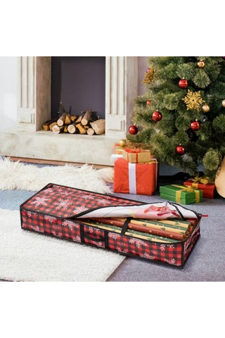 Moveevo Çift Kullanimlı Noel Ağaçlı Depolama Çantası - Gündelik Tuvalet Kağıdı Tutucu & Noel Dekorasyonu - Kar Tanesi Desenli - 103x36x15 Cm Kırmızı