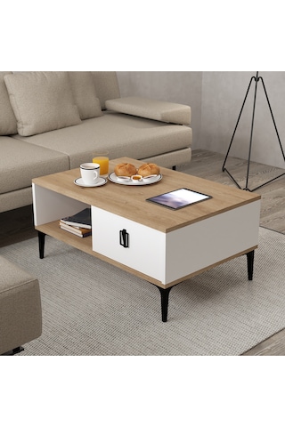 2002 Sare Orta Sehpa 2 Kapaklı Sepet - Beyaz Sepet - Beyaz