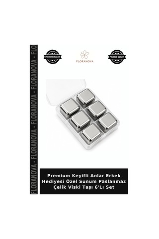 Premium Keyifli Anlar Erkek Hediyesi Özel Sunum Paslanmaz Çelik Viski Taşı 6'lı Set