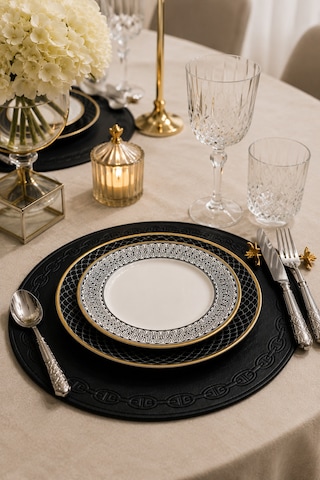 Nakışlı Deri Amerikan Servis 2'li Set Çift Taraflı Yuvarlak Supla 38x38 Cm Raya Siyah