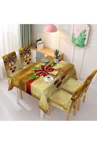 Flybuy Xıxun Tek Parça Streç Noel Sandalye Kılıfı, Altın Çan Baskılı Masa Örtüsü, 180cm X 140cm, Şenlikli Dekorasyon Altın