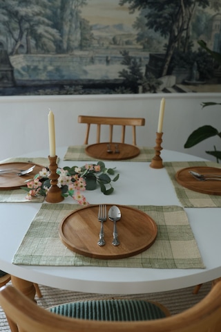 Yakacihome Juta Yeşil 5 Parça 4 Parça Amerikan Servis & 1 Parça Püsküllü Runner Jüt Kumaş Sofra Seti Yeşil