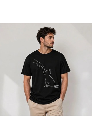 Modi Erkek Minimal Kedi Çizim Baskılı Tişört Kısa Kol Yazlık T-shirt - Siyah Açık Lacivert - Gri - Siyah