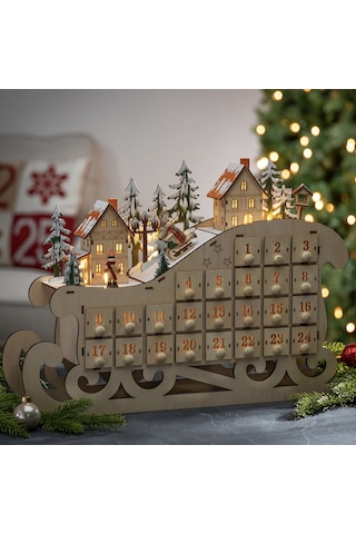 Ahşap 24 Geri Sayımlı Noel Takvimi Yaratıcı Ev Kızak Takvimi Ahşap Led Noel Dekorasyon Süsleri Beyaz