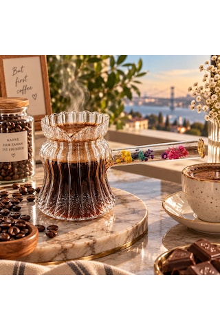 Çiçeki Detaylı Cam Cezve 400 Ml